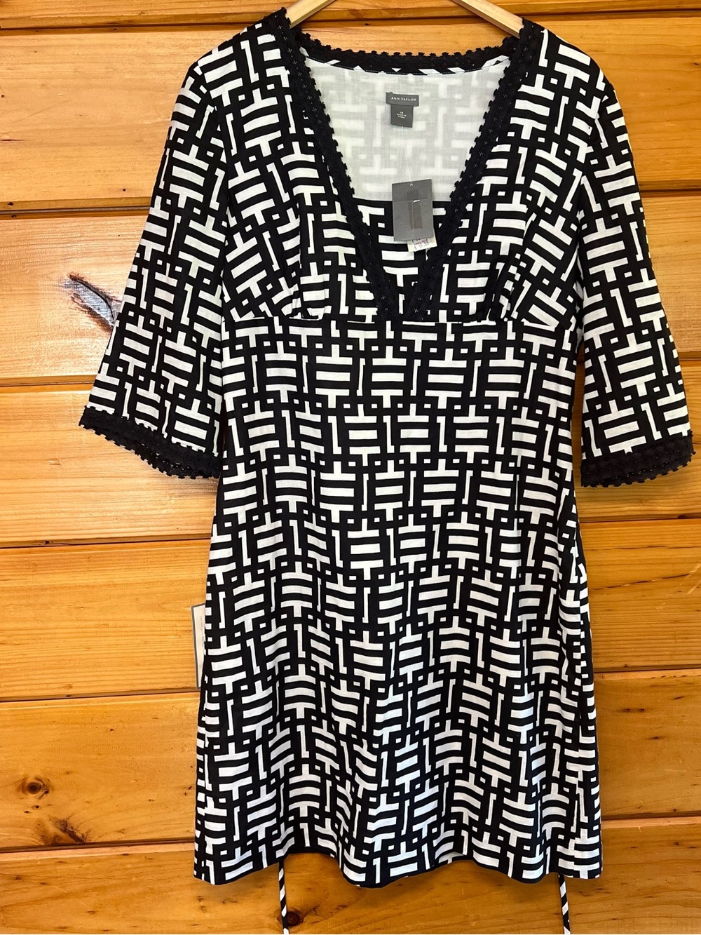 Ann Taylor Cotton Linen Mix Quarter Bell Sleeve Navy Blue White Summer Dress 10